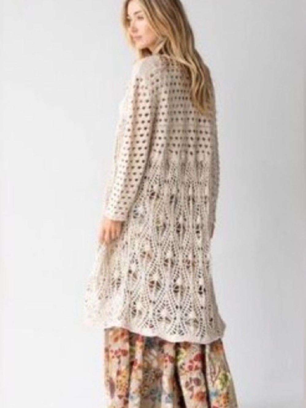 Natural Life Abigail long crochet open knot open front cardigan sweater sz L/XL